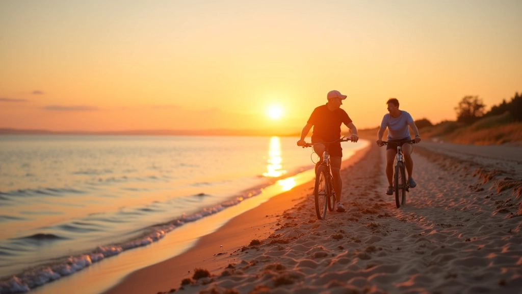 Scenic Liepāja beach with calm waters and sandy shore at golden hour, perfect conditions for coastal cycling