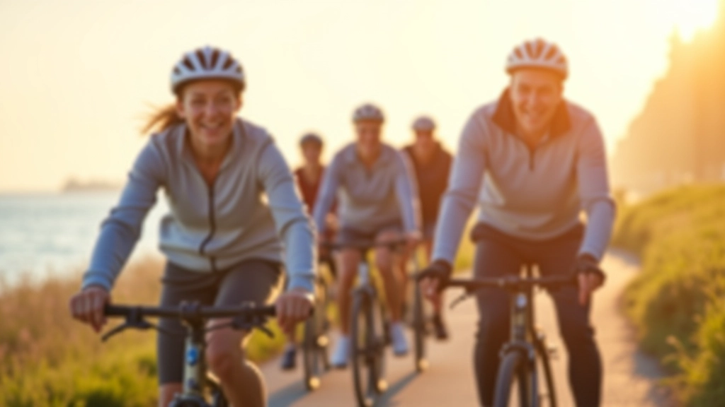 Cycling group riding together on coastal path, diverse ages, happy expressions, flat terrain, seaside background