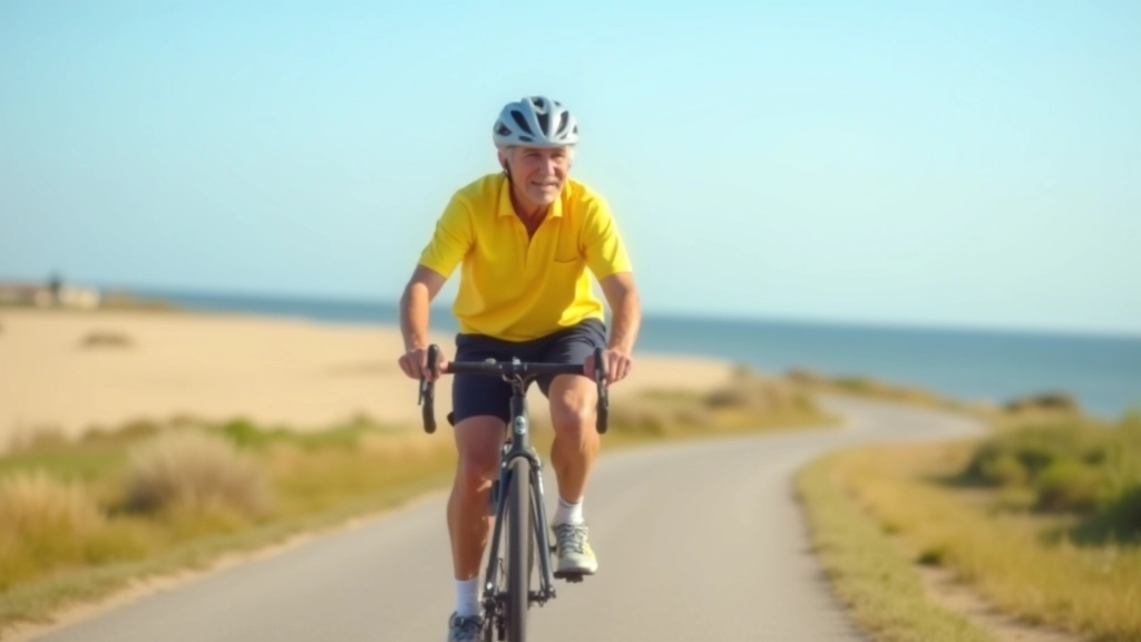 Older cyclist on flat coastal path wearing safety helmet and comfortable cycling clothing
